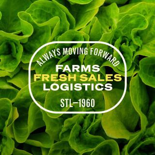 The Lage Farms, Fresh Sales, and Logistics stamp layered over green lettuce leaves.